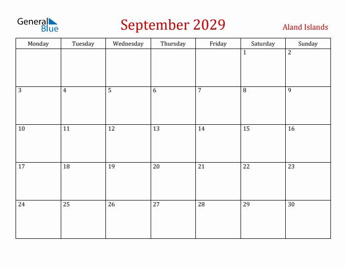 Aland Islands September 2029 Calendar - Monday Start