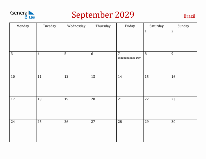 Brazil September 2029 Calendar - Monday Start