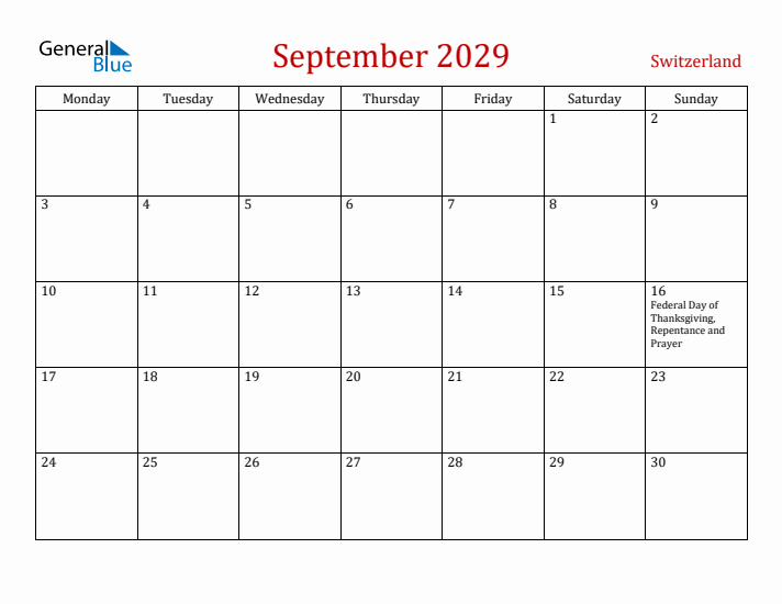 Switzerland September 2029 Calendar - Monday Start