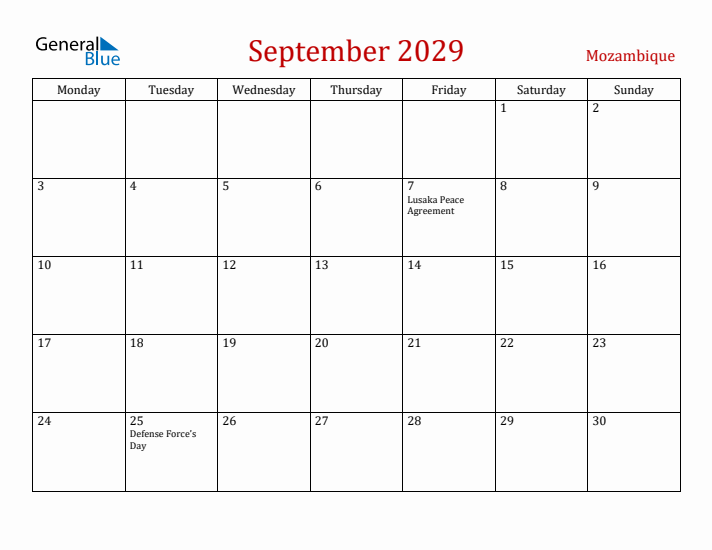 Mozambique September 2029 Calendar - Monday Start