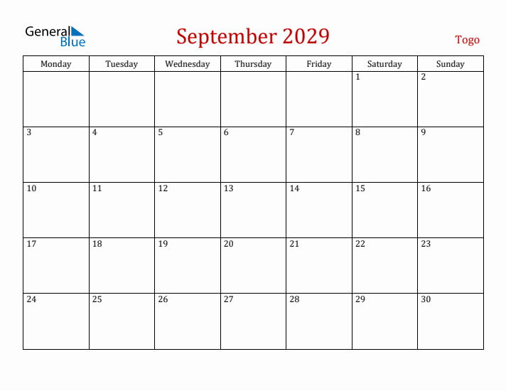 Togo September 2029 Calendar - Monday Start