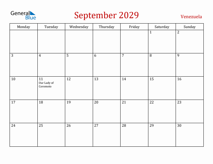 Venezuela September 2029 Calendar - Monday Start