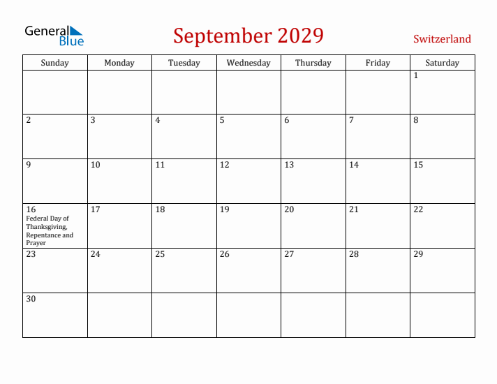 Switzerland September 2029 Calendar - Sunday Start