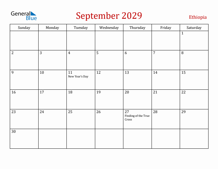 Ethiopia September 2029 Calendar - Sunday Start