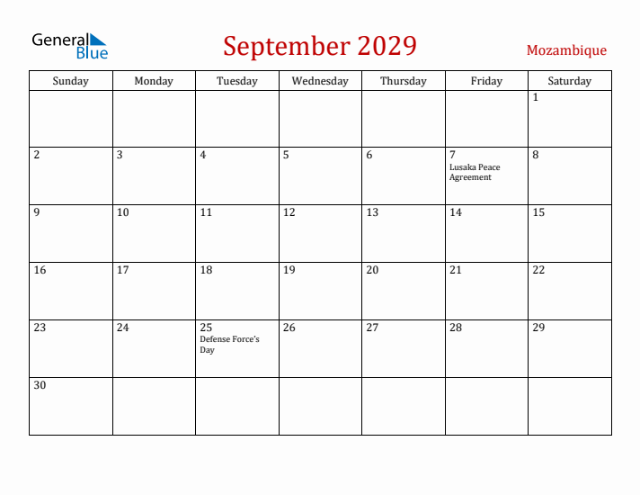 Mozambique September 2029 Calendar - Sunday Start