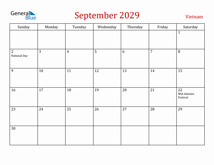 Vietnam September 2029 Calendar - Sunday Start