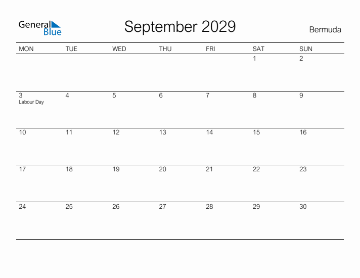 Printable September 2029 Calendar for Bermuda