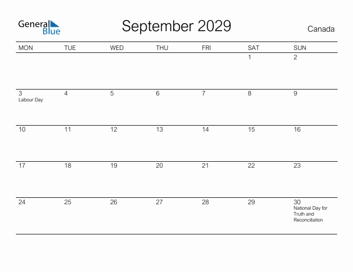 Printable September 2029 Calendar for Canada