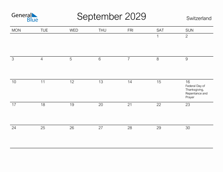 Printable September 2029 Calendar for Switzerland