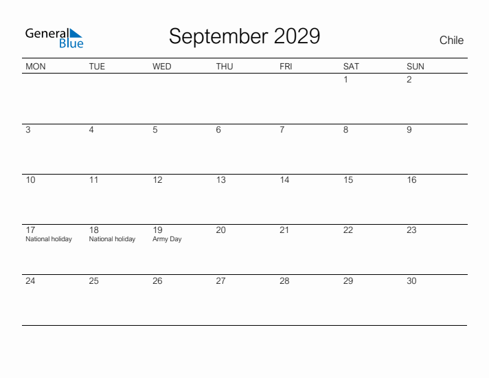 Printable September 2029 Calendar for Chile