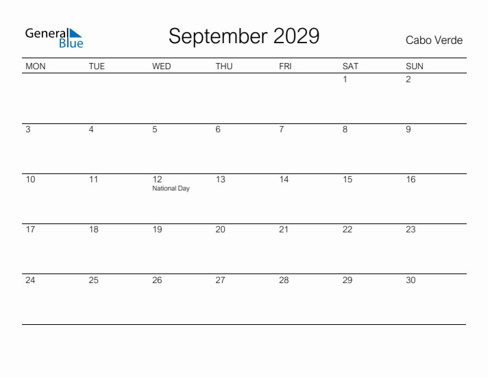 Printable September 2029 Calendar for Cabo Verde