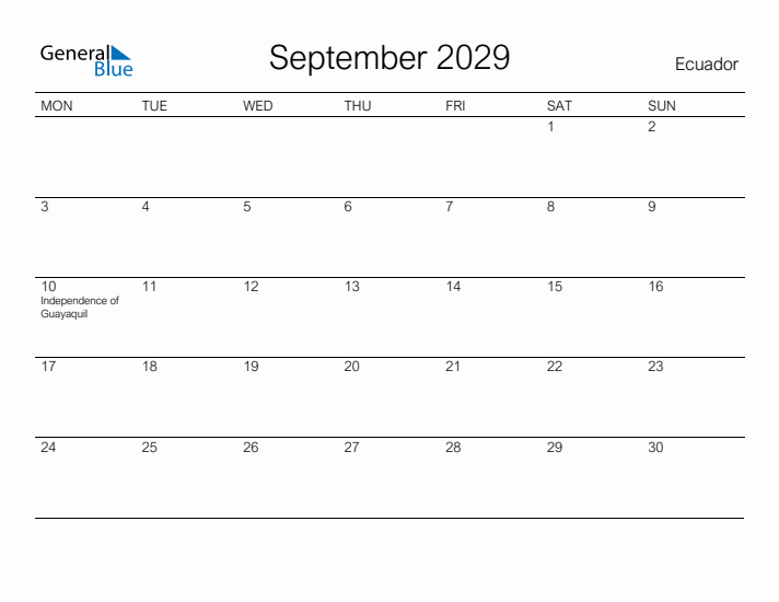 Printable September 2029 Calendar for Ecuador