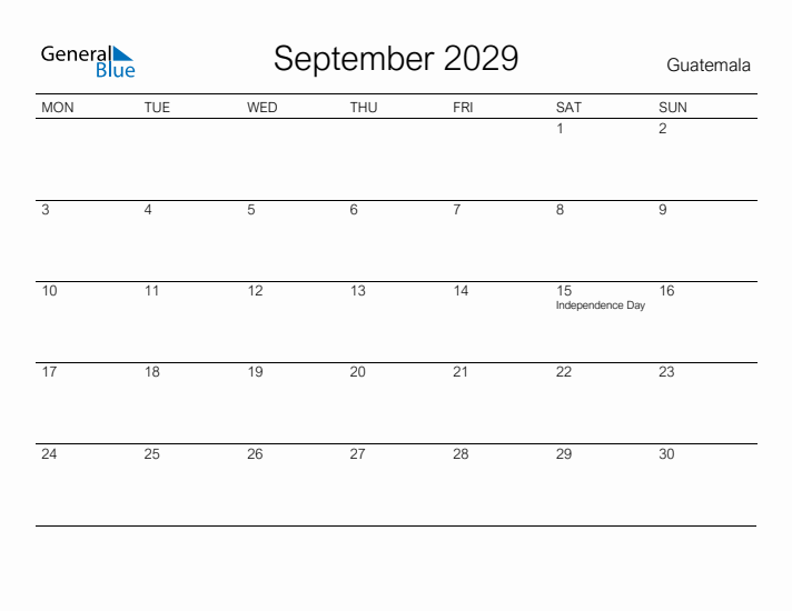 Printable September 2029 Calendar for Guatemala