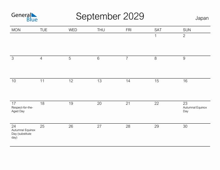 Printable September 2029 Calendar for Japan