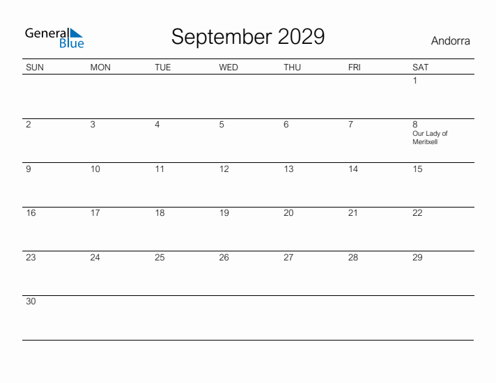 Printable September 2029 Calendar for Andorra