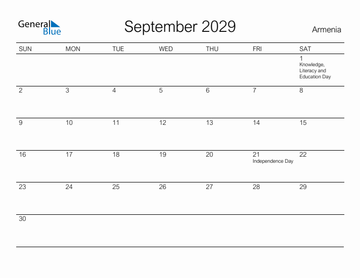 Printable September 2029 Calendar for Armenia