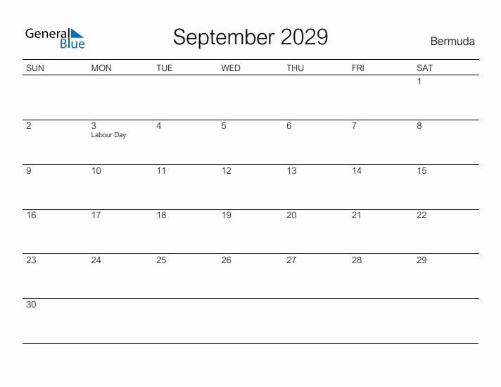 Printable September 2029 Calendar for Bermuda