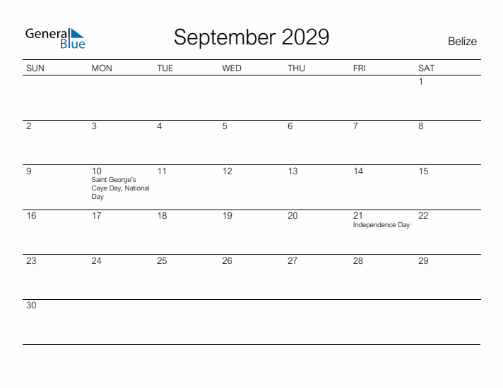 Printable September 2029 Calendar for Belize