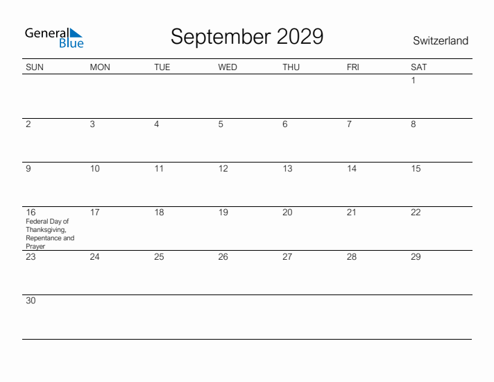 Printable September 2029 Calendar for Switzerland