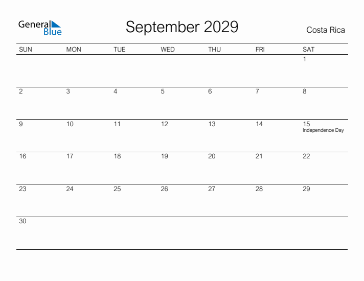 Printable September 2029 Calendar for Costa Rica