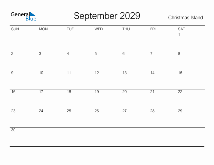 Printable September 2029 Calendar for Christmas Island