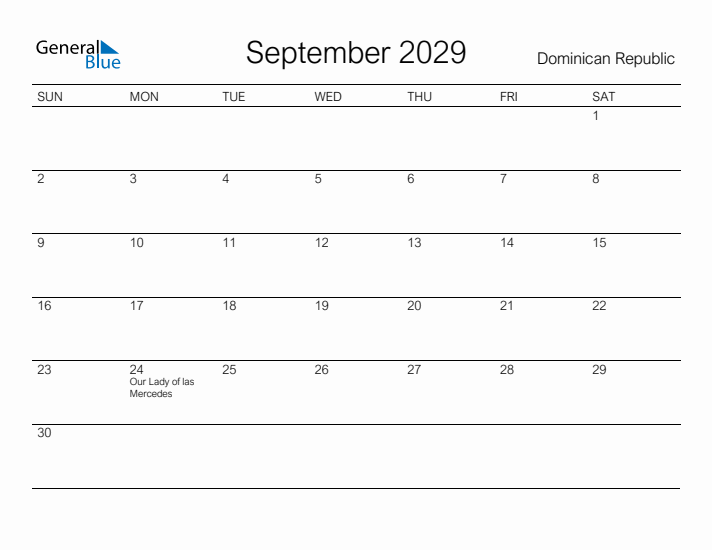 Printable September 2029 Calendar for Dominican Republic