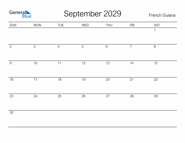 Printable September 2029 Calendar for French Guiana