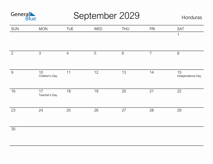 Printable September 2029 Calendar for Honduras