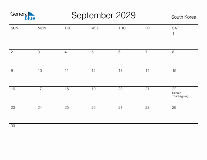 Printable September 2029 Calendar for South Korea