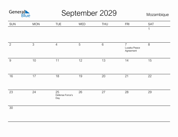 Printable September 2029 Calendar for Mozambique