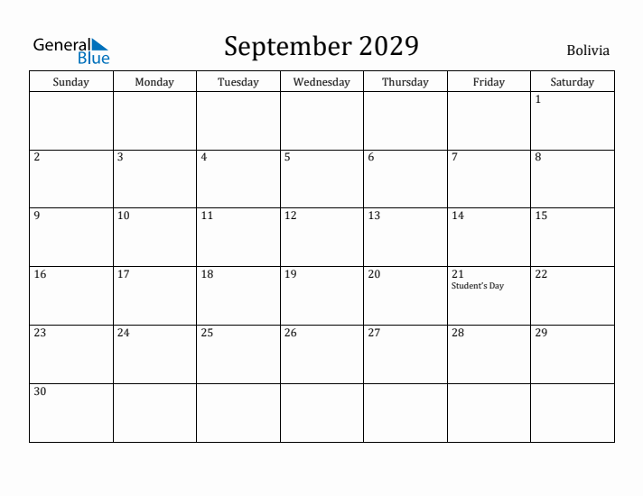 September 2029 Calendar Bolivia