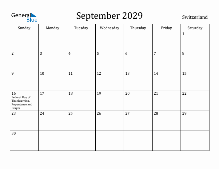 September 2029 Calendar Switzerland