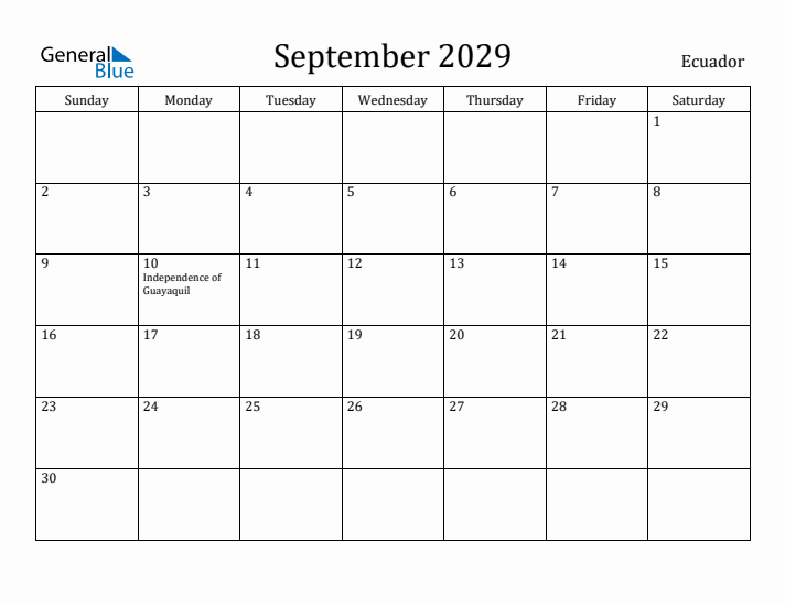 September 2029 Calendar Ecuador