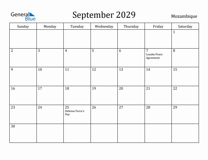 September 2029 Calendar Mozambique