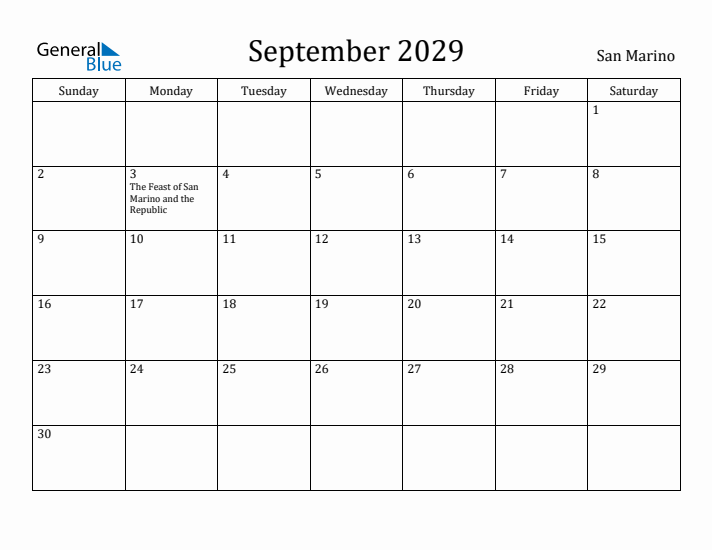 September 2029 Calendar San Marino