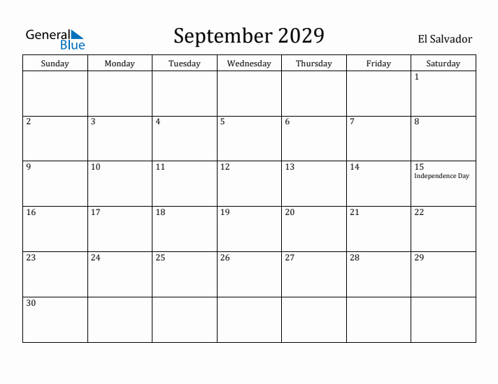 September 2029 Calendar El Salvador