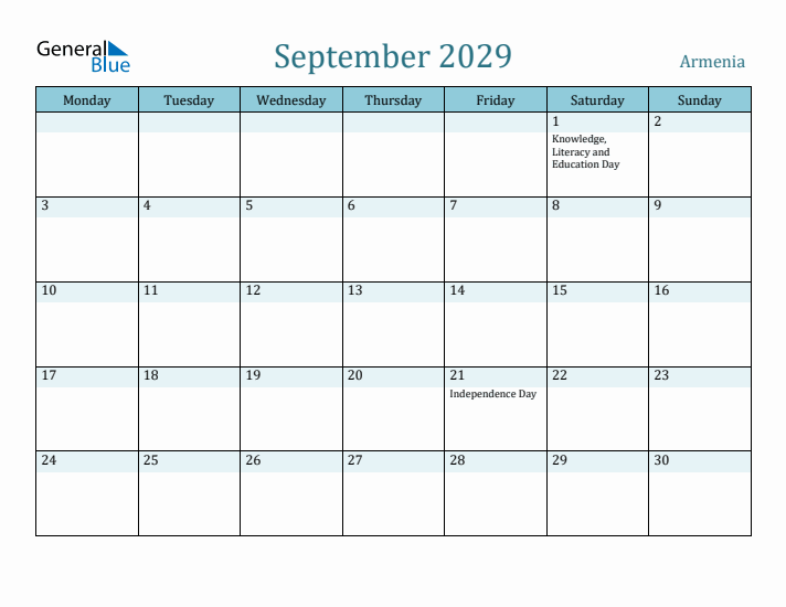 September 2029 Calendar with Holidays