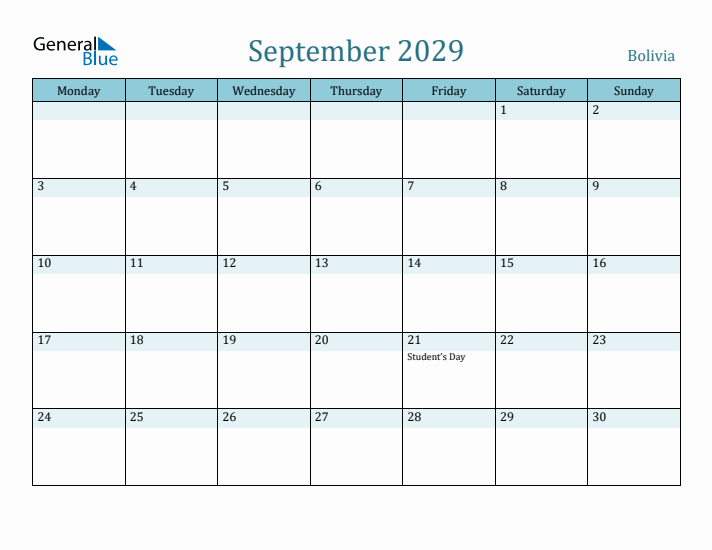 September 2029 Calendar with Holidays