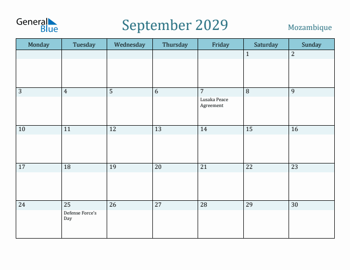 September 2029 Calendar with Holidays