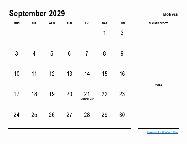 September 2029 Printable Monthly Calendar with Bolivia Holidays