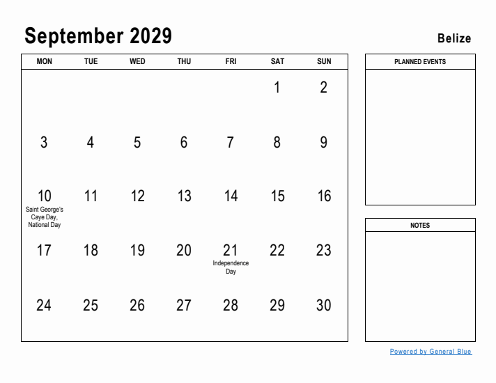 September 2029 Printable Monthly Calendar with Belize Holidays