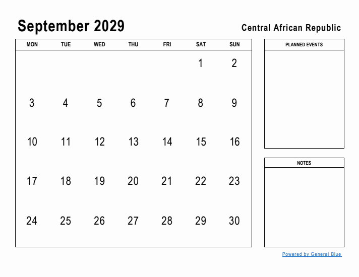 September 2029 Printable Monthly Calendar with Central African Republic Holidays