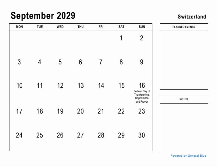 September 2029 Printable Monthly Calendar with Switzerland Holidays