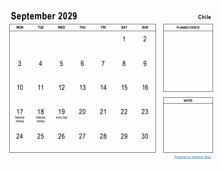 September 2029 Printable Monthly Calendar with Chile Holidays