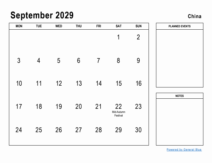 September 2029 Printable Monthly Calendar with China Holidays