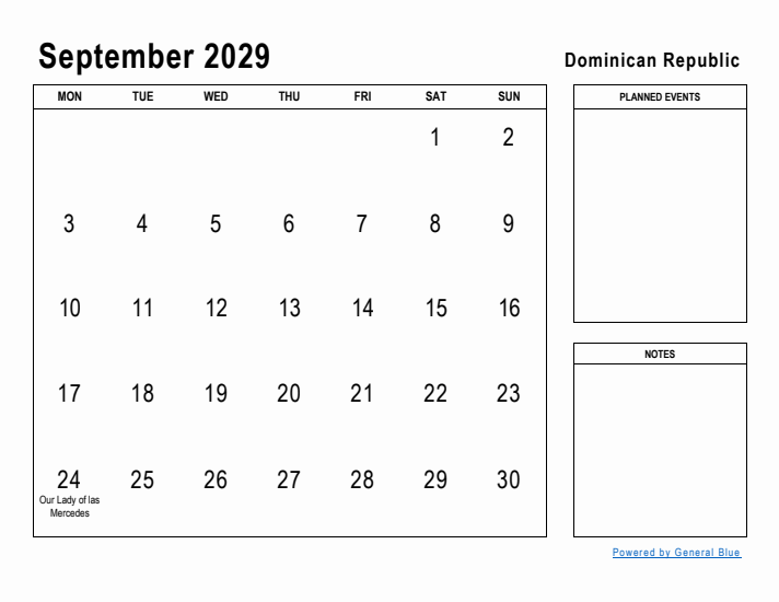 September 2029 Printable Monthly Calendar with Dominican Republic Holidays