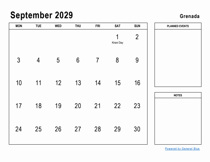 September 2029 Printable Monthly Calendar with Grenada Holidays