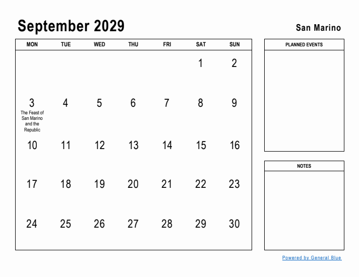 September 2029 Printable Monthly Calendar with San Marino Holidays