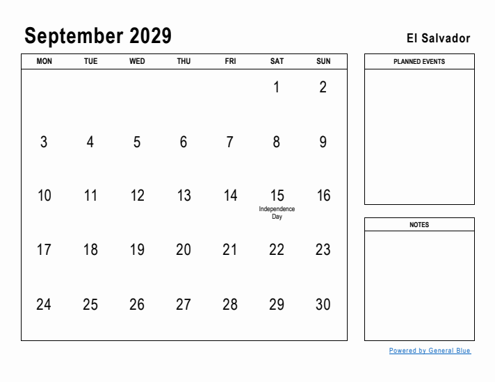 September 2029 Printable Monthly Calendar with El Salvador Holidays