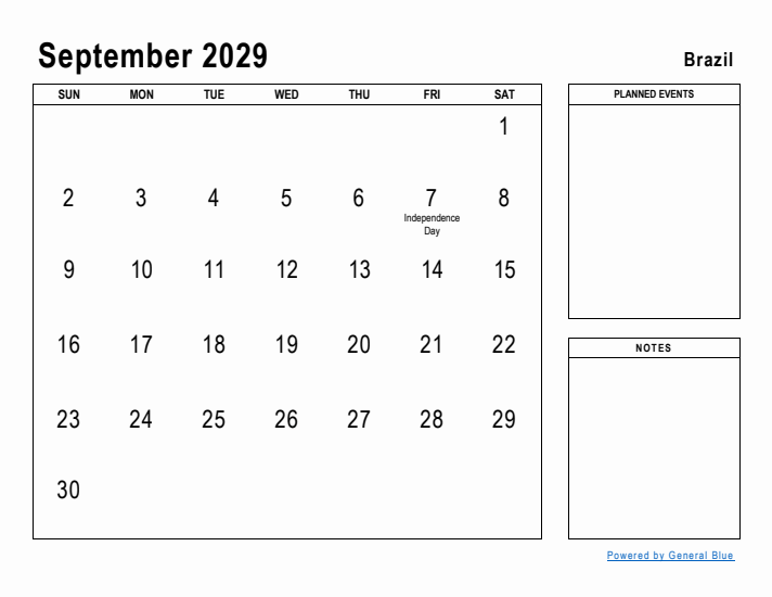 September 2029 Printable Monthly Calendar with Brazil Holidays